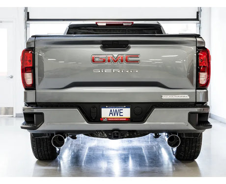 AWE 0FG Catback Split Rear Exit Exhaust for 4th Gen Silverado/Sierra 1500 5.3L (Flat Bumper) - Dual Chrome Silver Tips (3015-32205)