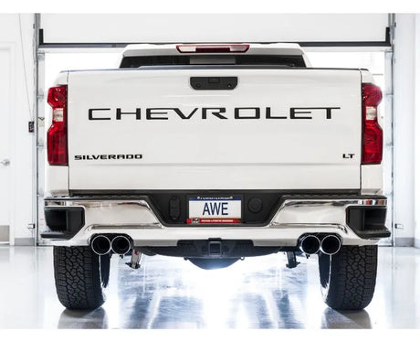 AWE 0FG Catback Split Rear Exit Exhaust for 4th Gen Silverado/Sierra 1500 5.3L (With Bumper Cutouts) - Quad Chrome Silver Tips (3015-42201)